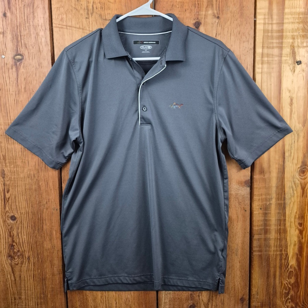 Greg Norman Play Dry Men's Small Gray Short Sleeve Golf Polo Shirt Shark Logo